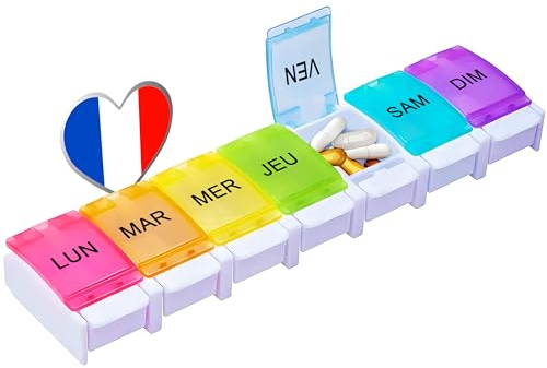 Pilulier Semainier FRANÇAIS 7 Jours - Boite À Médicaments - Médicament Semainier - Rangement Grande capacité - Ouverture facile | Ideal Voyage - Accessoire médicaux Sans BPA