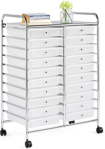 Yaheetech Carrito Auxiliar con Ruedas Carros Almacenamiento con 20 Cajones Carrito Organizador Cocina 62,5 x 36 x 91 cm Blanco