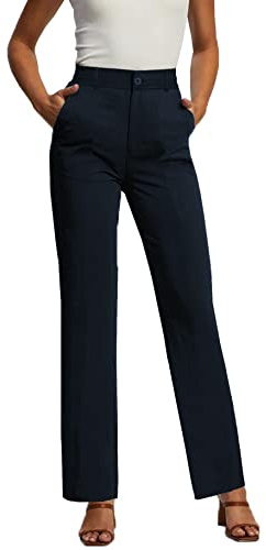 femiss High Waisted Straight Leg Trousers – Smart Office Wear, Formal Uniform Bottoms, Business Slacks with 2 Side Pockets, Tailored Workwear, Stretch Fit for Women, Teens, Girls, Ladies (Navy, 12)