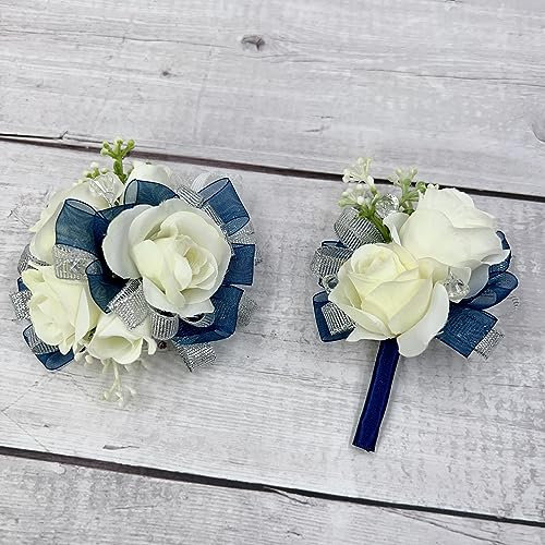 Ansuma Ivory Rose Flower Wrist Corsage Boutonniere Set Bridesmaid Wrist Corsage Bracelet & Groom and Best Man Boutonniere for Wedding Flowers Accessories Prom Suit Decorations (Navy Blue)