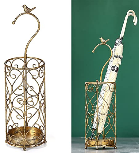 SMQLJXC Umbrella Rack Stand,Umbrella Rack for Entryway,Canes Walking Sticks,Cast Iron Bird Handle and Drip Tray (Antique Gold)