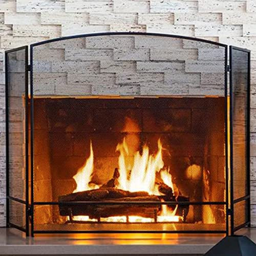 MOBON Parascintille per Camino Griglia Parafuoco Classica Triplice con Rete Parascintille, 87 Cm (h) X 136 Cm (w) Griglia Antiscintille ad Arco per la Casa, Facile da Riporre