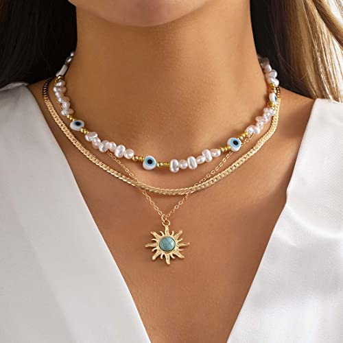Prosy Punk Layered Sonne Türkis Choker Halsketten Gold Auge Halskette Kette Schmuck Einstellbar für Frauen und Mädchen