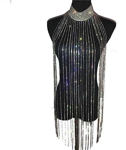 Yurosiay Gold Strass Körperkette Lang - Quaste Halskette Funkelnde Choker - Mode Kristall Fransen Brustkette Sexy Körper Ketten Damen Körperschmuck für Nachtclub Party