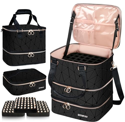 SIYNPAV Nail Polish Organizer Bag Holds 126 Bottles (15ml/0.5fl.oz)& Nail Lamp, 3 Layers Detachable Nail Kit Storage Case PU Leather, Large Travel Nail Supplies Shoulder Bag for Manicure Tools (Black)