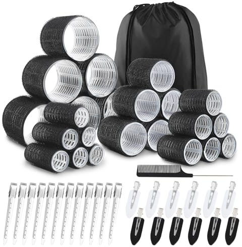 JOLCEEY 50pcs Hair Rollers with Clips, Jumbo Large Medium Small Rollers for Hair Volume Big Hair Curlers Rollers for Long Medium Short Hair DIY Hairdressing (Black)