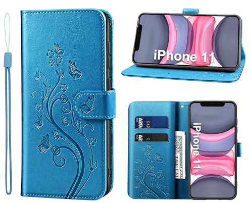 KRAFTCARE Lederhülle kompatibel mit iPhone 11 Hülle, Flip Wallet Handyhülle mit Kartenfach Ständer Premium PU Leder Klapphülle Schutzhülle für iPhone 11, Blau