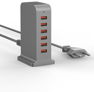 POANES 50W USB Ladestation Mehrfach - 6-Port USB Ladegerät Tower mit Smart IC, Schnellladestation für iPhone 17 16 15 14 13 12 Pro Max, iPad, Samsung S23 S22, Handy Ladestation (50W Gray)