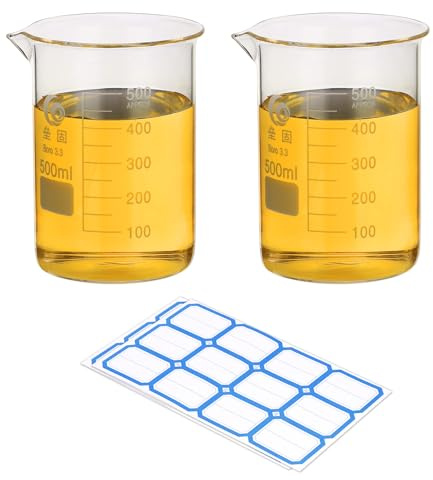 PATIKIL 500ml Low Form Glass Beaker, 2Pcs 3.3 Borosilicate Glass Beakers Graduated Measuring Cup with Stick Labels for Lab Experiment, Cooking and Baking, Clear
