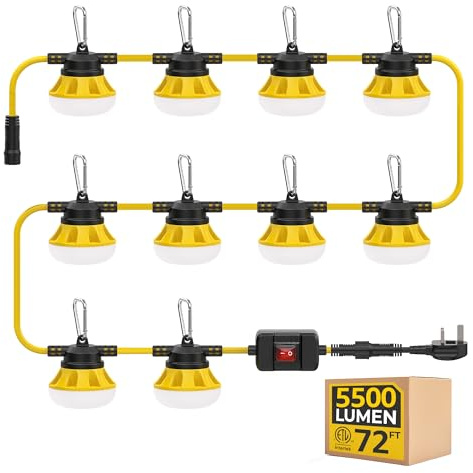 HYANGLUX 72FT Construction String Lights with Switch & Replaceable Bulbs, LED Work Light, ETL Certified, IP65 Waterproof, Linkable up to 16 Sets, for Jobsite, Attic, Garage