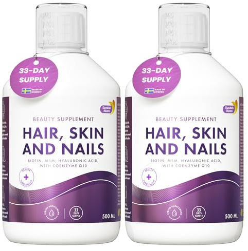 Swedish Nutra - Hair, Skin and Nails Liquid Supplement - 2 Packs of 500 ml, 66 Day Supply | Full of Vitamins, Biotin, Collagen, MSM, CoQ10 I 100% Natural Orange Flavour | Vegan and Gluten Free