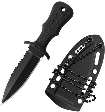 Outdoor Messer mit Tanto Klinge - tragbare Neck Knife mit Kunststoffscheide und Kugelkette zur Selbstverteidigung im Freien