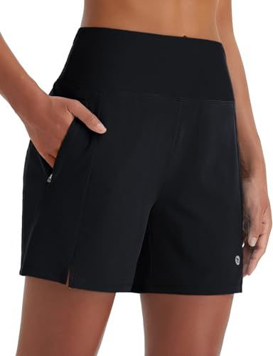 baleaf Women's Swim Shorts High Waisted Quick Dry 5'' Modest Swimsuits Bottoms Tummy Control Boxer Liner Board Shorts 2025 with Zipper Pockets Black S