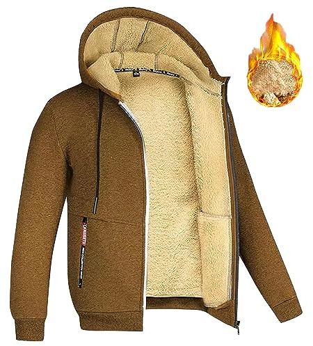 Fleecejacke Herren Winter Full Zip Sherpa Gefüttert Kapuzenjacke Casual Solid Langarm Jacke Warm Verdickte Hooded Sweatshirt mit Tasche und Kordelzug