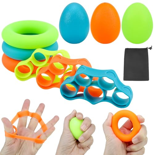 QWORK® 9 Stück Handtrainer-Set aus Silikon, Fingertrainer, Quetschbälle & Griffringe für Stressabbau, Rehabilitation & Muskelaufbau