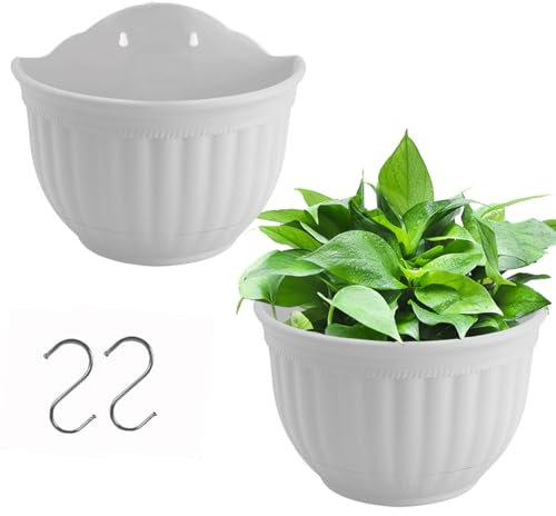YuanDiann 2 vasi sospesi, per interni ed esterni, in plastica, con serbatoio dell'acqua, per piante, montaggio a parete, colore grigio, bianco, L