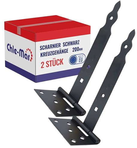 Chle-Mar - 2 bisagras de carga pesada para puertas de madera de 200 mm | Bisagra estable para puertas y muebles | Bisagra de puerta negra resistente a la intemperie | colgador en cruz duradero