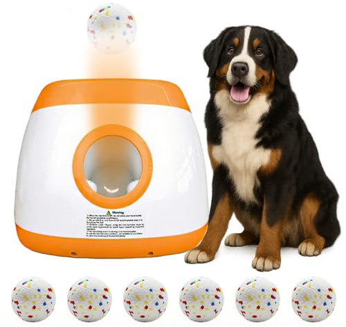 TIEXITOR Large Automatic Dog Ball Launcher with 6 ETPU Balls (2.5), Dog Ball Thrower for Medium & Large Dogs, 3 Adjustable Distance 26-78FT, Remote Control Interactive Ball Launcher for Outdoor