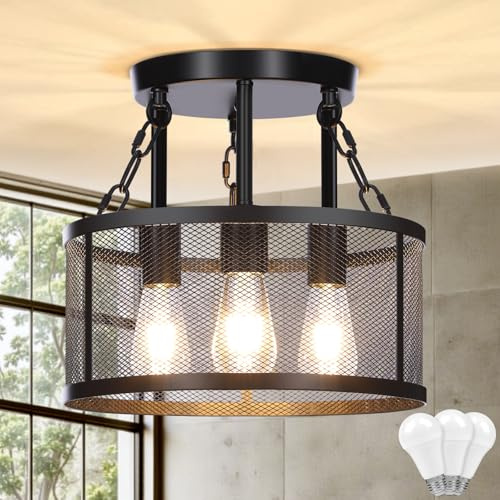 SERBASIC Deckenleuchte Schwarz Deckenlampe Vintage LED, 3 Flammig E27 Wohnzimmerlampe Modern aus Metall Industrial Deckenlampe Dimmbar Lampe Decke für Küche Flur Schlafzimmer Esszimmer