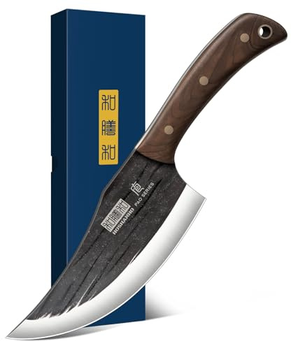 HOSHANHO 15cm Kochmesser, Japanisches Küchenmesser aus Kohlenstoffstahl, Handgeschmiedetes Wikingermesser Ausbeinmesser zum Fleischschneiden, Mehrzweck-Kochmesser für Haushalt, Camping und Grillen