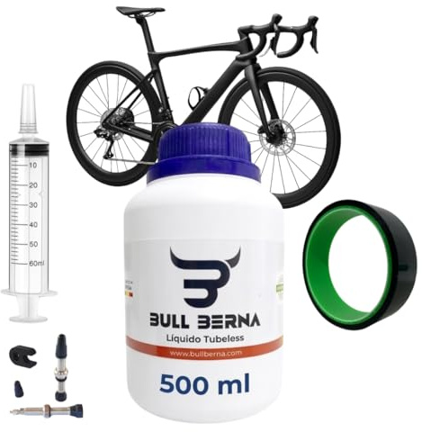 BULL BERNA Kit Tubeless para Bicicleta de Carretera, Incluye Líquido Sellante, Válvulas Presta, Kit de Dosificación y Cinta de 20 mm