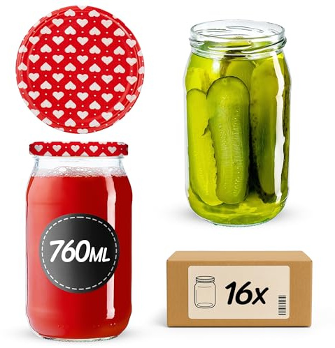 KADAX 16er Set Einmachgläser 760ml TO82 Herz, Große Sturzgläser mit Schraubdeckel, Einkochgläser Fermentierglas für Gurken, Gemüse, Sauerteig