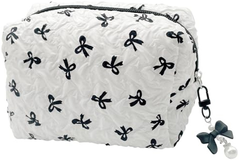 LLYJOYE Bow Makeup Bag Cute Quilted Cosmetic Travel Pouch for Women Girls