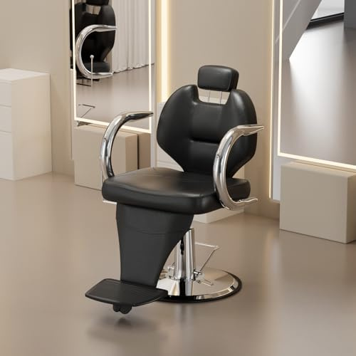 Joiemebi Sillón de Peluquería, Silla de Peluquero Hidráulica Reclinable Barber 360° para Peluquerí, Salón de Belleza, 61 x 57 x 91-104 cm (Negro)
