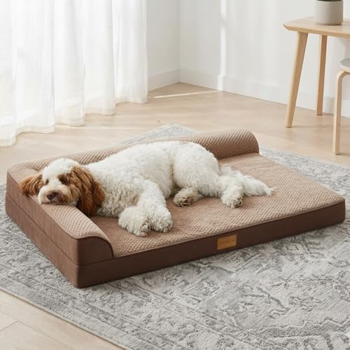 Jolibean Panier pour Chien Orthopédique Grand, 122x76 cm | Lit Pour Chien Moelleux à Mousse Alvéolée, Coussin Déhoussable, Housse Lavable et Base Antidérapante, Marron