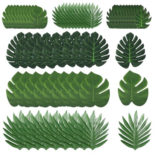 RTSHUK 60 hojas de palma artificiales, 6 tamaños de hojas tropicales, hojas de palma, hojas de monstera artificiales hawaianas, decoración tropical para playas, fiestas, cumpleaños