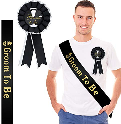 WILLBOND 2 Pezzi Set Badge Fascia Sposo Include Groom To Be Fascia di Raso Groom To Be Premiata Spilla Distintivo Nastro per Addio al Celibato Festa Fidanzamento Celebrazione Forniture