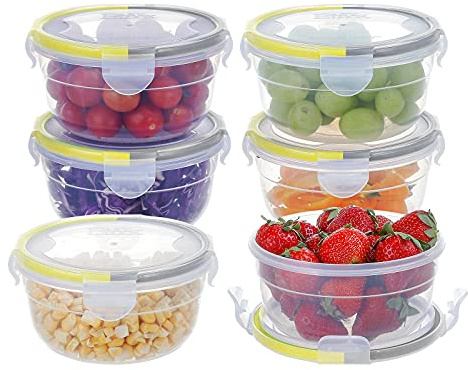 KIGI 6 PACK 10oz Plastic Round Bowls with Lid Leakproof Food Storage Container Set Small Meal Prep Containers Bento Box