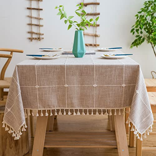 Pahajim Tischdecke Abwaschbar Baumwolle Leinen Tischdecken Klein mit Quasten Tischtuch Vintage Einfache Kariert für Home Küche Speisetisch Dekoration(Beige Gitter, 100 x 160 cm)