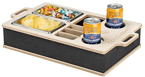 INEXTERIOR CouchBar - PERSONALISIERBAR - handgefertigt in Deutschland - zwei Snackschalen, Organizer und Flaschenhalter - Couchbutler couchorganizer Sofaorganizer (nicht personalisiert, natur-schwarz)