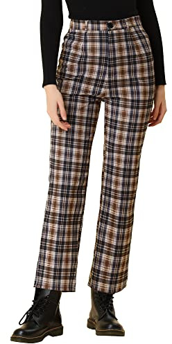 Allegra K Women's Plaid Ankle Pants Button Casual Tartan Check Work Trousers Yellow 16