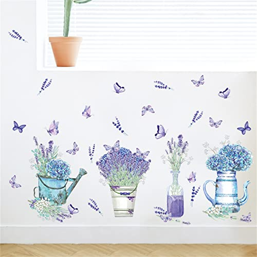Stickers Muraux En Pot De Papillon Lavande D'Hortensia,Décalcomanies Murales Fleur Plante,Applique Auto-Adhésive Décoration Chambre À Coucher Porche