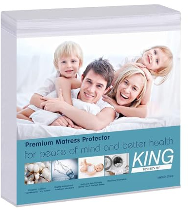 Waterproof Mattress Protector, King Size Terry Cotton Mattress Pad Cover Breathable Deep Pocket Fitted Sheet Style 78x80 +18 Inch Pocket