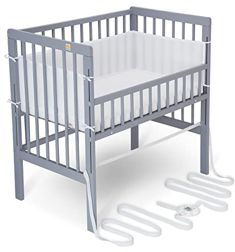 FabiMax Baby Beistellbett für Boxspringbett, TÜV geprüft 2022, inkl. Matratze und Nestchen aus Netzstoff, Buche massiv grau, Air/weiß