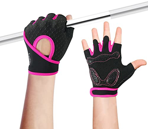 Luwint Kids Workout Gloves, Ventilated Grip Exercise Gloves for Boys and Girls Weightlifting Hanging Gym, Children 3-5 Years (Pink, Small)