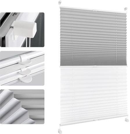 Allesin Plissee ohne Bohren Verdunkelung (Day and Night), Weiß-Grau 80x110cm(BxH) Thermo Plissee 100% Verdunkelnd & lichtundurchlässig Jalousie, Doppel-Plissee farbig für Fenster & Tür