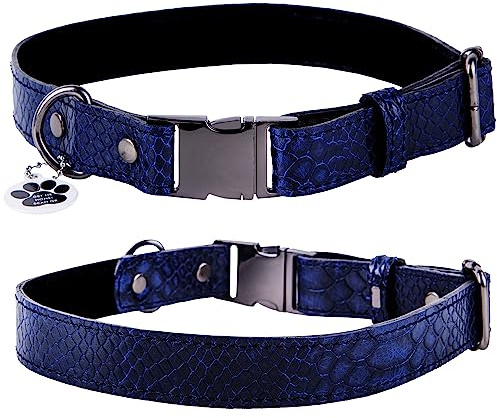 FAVPET Echtleder Dünnes Halsband Hund Verstellbar mit QR Code Anhänger, Hochwertige Hundehalsbänder mit Klickverschluss, Verstellbares Hundehalsband Leder Schmal, Lederhalsband Hund (S, Blau)