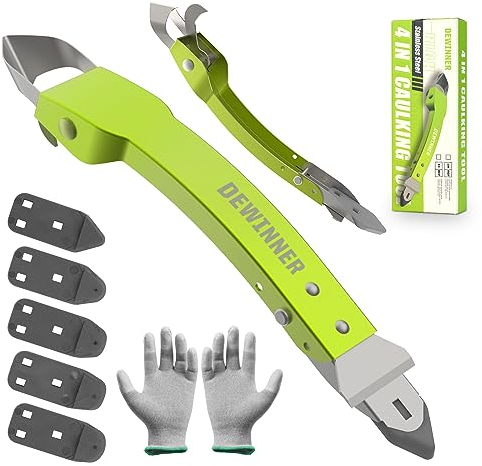 4 in 1 Silicone Caulking Tool Kit, DEWINNER Grout Scraper Set, Sealant Finishing Smoothing Removal with Pads, Glue Angle Caulk Remover for Home Kitchen Bathroom Floor Corner, Yellow (DE-TA282)