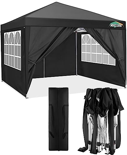 COBIZI Pavillon 3x3 Wasserdicht Faltpavillon mit 4 Seitenteilen Freiluft Faltpavillon Stabile UV-Schutz 50+ Pop Up Gartenpavillon Partyzelt für Freien, Garten, Party, Hochzeit, Markt (3x3m Schwarz)