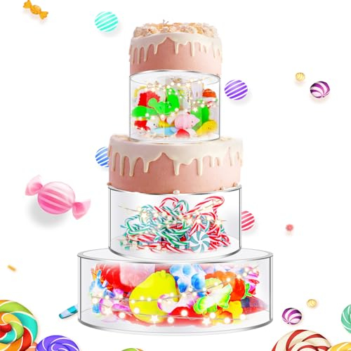 3 Piezas Soportes para Tartas de Boda, Redondo Cake Stand Acrilico Cilindro, con Luces LED Rellenable Elevador para Tartas para Bodas Cumpleaños Fiestas Exhibiciones (15cm, 20cm, 26cm)