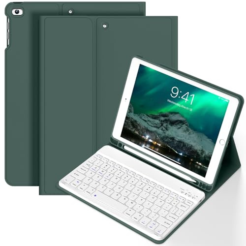 BQDIYOO Funda con teclado para iPad 6ª/5ª generación (modelo 2018 2017), funda de teclado de 9.7 pulgadas para iPad Air 2/Air con soporte para lápices, encendido automático, verde oscuro
