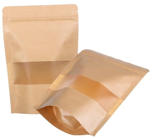 jojofuny 50 Stück Braune Kraftpapiertüten Mit Sichtfenster Wiederverschließbare Standbodenbeutel Für Kaffeetüten Kekstüten Verpackung Und Geschenktüten