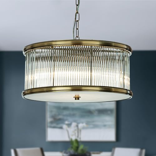 ALOADECOR B50 cm 6-Licht Mid-Century Modern Rund Kronleuchter in Antikem Gold mit Glasstäben Glas Hängeleuchte für Esszimmer Wohnzimmer
