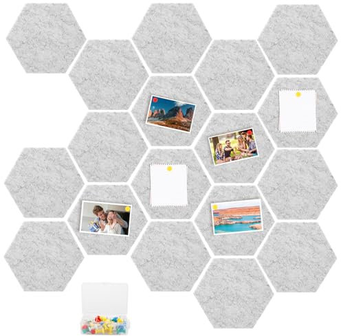 YAYODS 18 Stück Pinnwand Filz Selbstklebend - 20 x 17 cm Hexagon Pinwand Klein - Hexagon-Memoboard Grau - Filz Pinnwand zum Selbergestalten mit 50 Pinnnadeln für Bilder, Küche, Büro, Schule