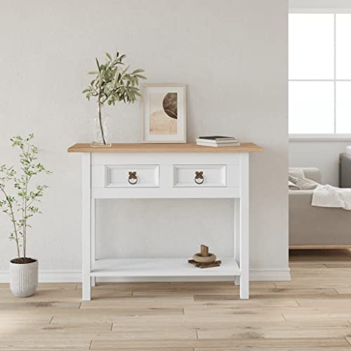 Tavolo Console in Pino Messicano Corona Bianco 90x34,5x73 cm, Consolle Ingresso con 2 cassetti e 1 Ripiano Legno Massello di Pino Cerato per Soggiorno e Camera da Letto