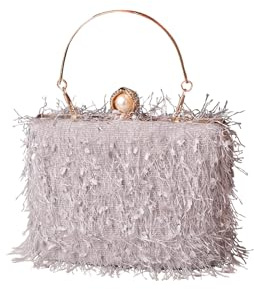 CORIOS Kvällsväska med tofs dam strass koppling liten kedja handväska glittrande elegant axelväska bröllop pärla axelväska för cocktail party party, Grå, L, Retro